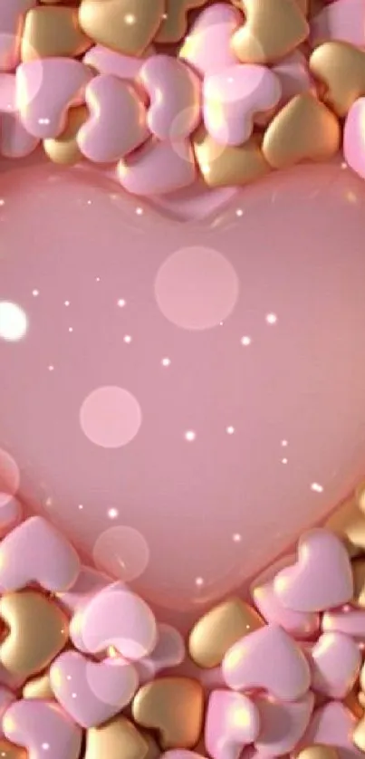 Pink glossy heart surrounded by gold and pink hearts.