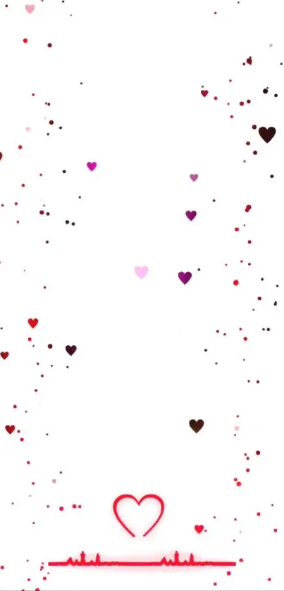 Heart-themed wallpaper with red and pink hearts on a white background.