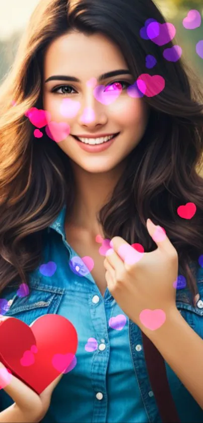 Smiling woman with hearts on mobile wallpaper, blue shirt.