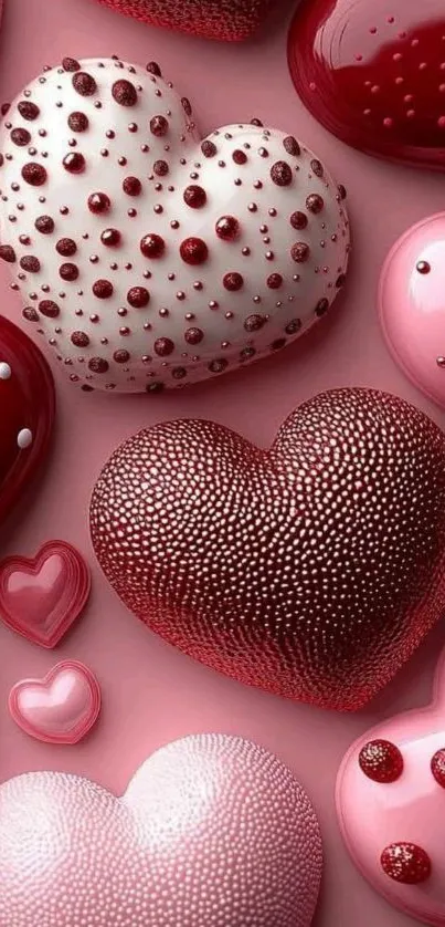 Heart-themed mobile wallpaper with red and pink glossy designs.