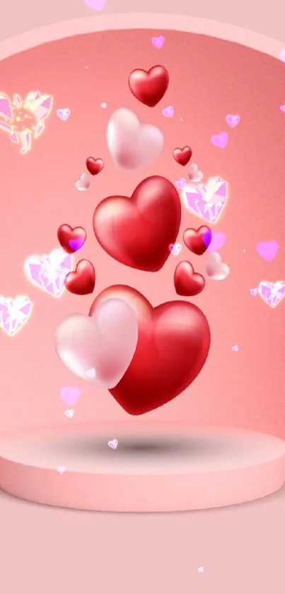 Floating red and pink hearts on a pink background.