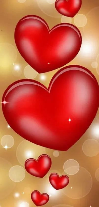 Mobile wallpaper with red hearts on a golden background.