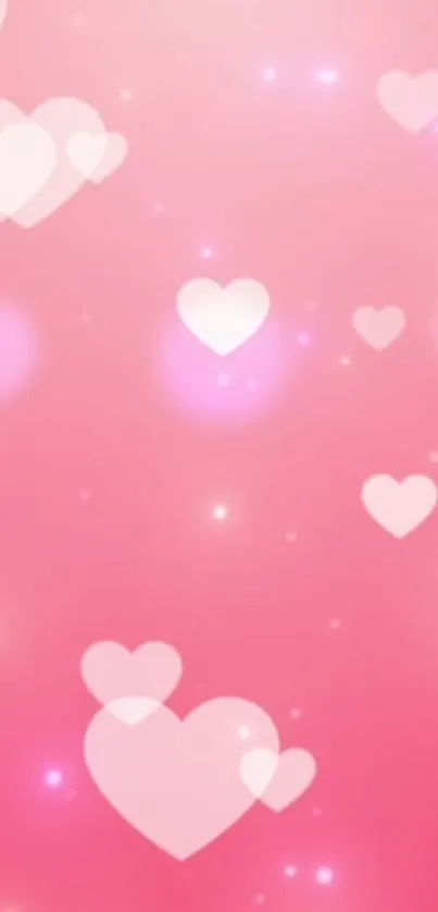 Heart-themed mobile wallpaper with pink background and glowing hearts.