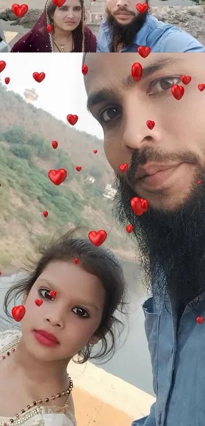 Heart-themed selfie with a scenic, lush green background and floating hearts.
