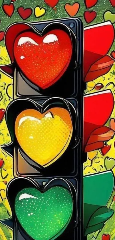 Heart-shaped traffic light with vibrant colors.