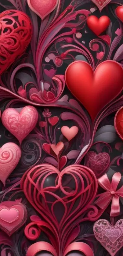 Heart-themed mobile wallpaper with red and pink designs.