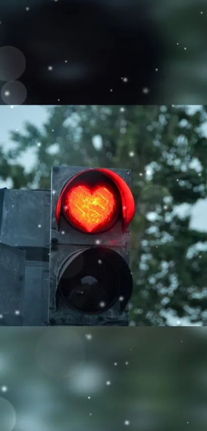 Heart-shaped red traffic light against blurred urban background.