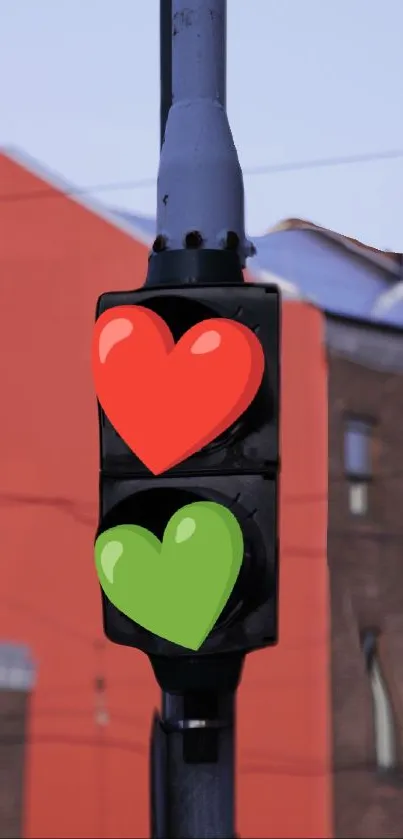 Red and green heart traffic light in urban setting.