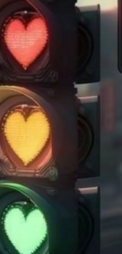 Traffic light with heart symbols glowing in red, yellow, and green.