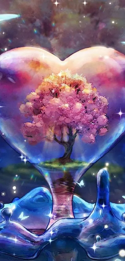 Heart-shaped bubble with tree inside, surrounded by butterflies and mystical water.