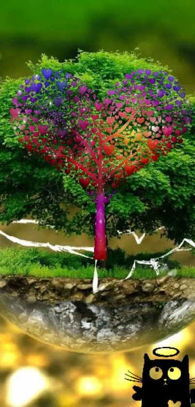 Colorful heart-shaped tree with cat in a mystical forest.