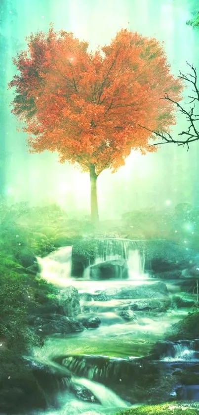 Heart-shaped tree in lush, enchanted forest with waterfall.