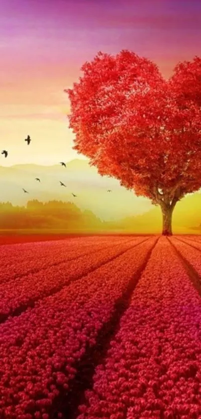 Heart-shaped red tree under a vibrant sunset