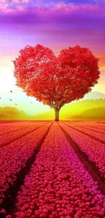 Vibrant heart-shaped tree in colorful field.