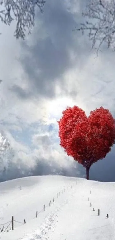 Heart-shaped tree in snowy landscape with cloudy sky.