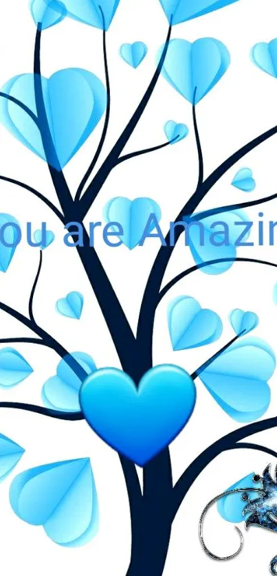 Heart tree wallpaper with blue leaves and inspiring message.