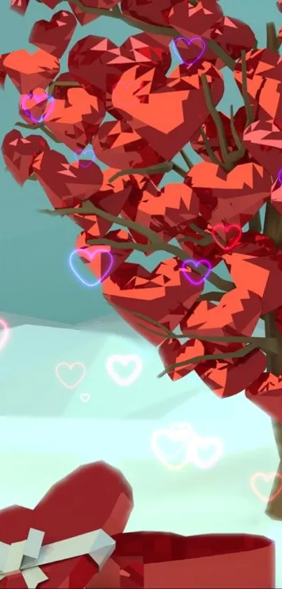 Romantic heart-shaped tree with geometric style and gift box.