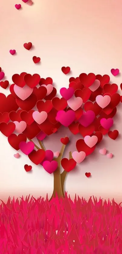 Pink and red heart-shaped tree wallpaper for mobile.