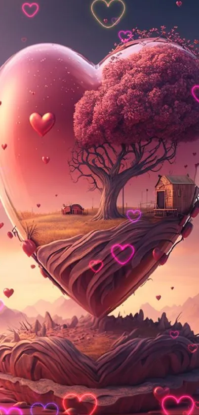 Heart-shaped tree with landscape in pink hues, perfect mobile wallpaper.