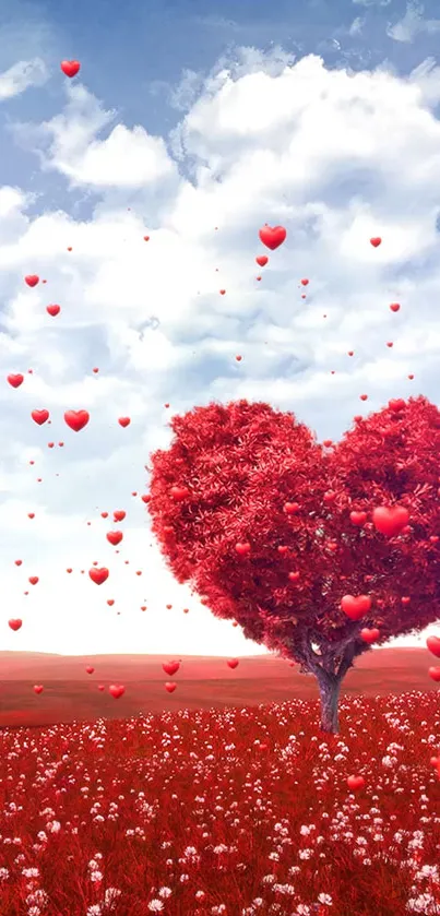 Heart-shaped tree with red hearts in sky.