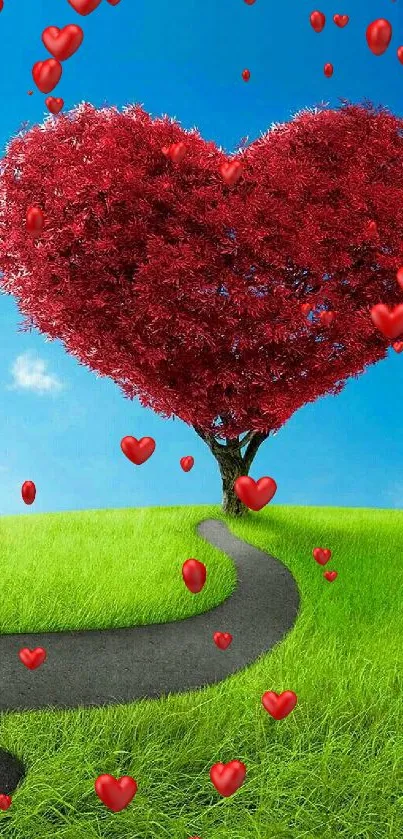 Heart-shaped tree on a green hill under a blue sky.