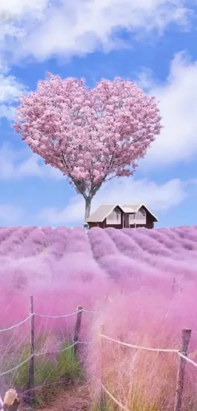 Wallpaper of a heart-shaped tree in a pink landscape with a cottage.