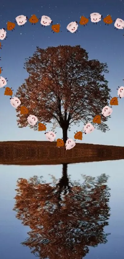 Tree with heart-shaped leaves reflected on water under a night sky.