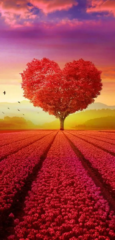 Mobile wallpaper with heart-shaped tree at sunset over a flower field.