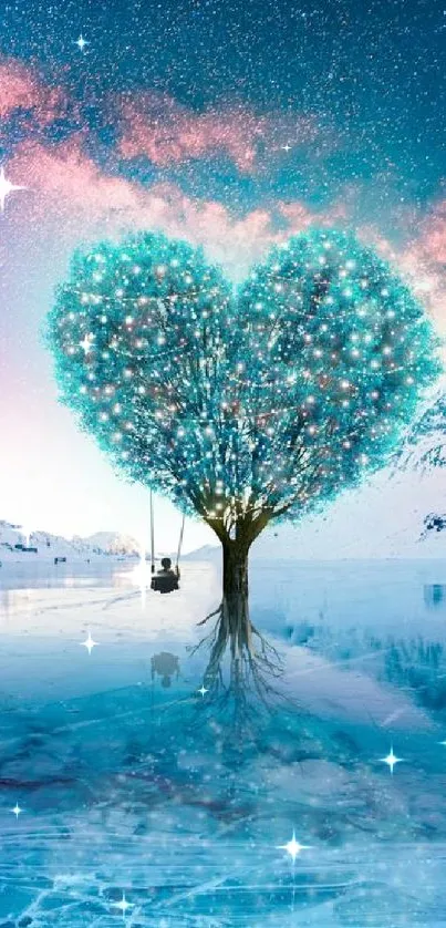 Heart-shaped tree under a starry galaxy and snowy mountains.