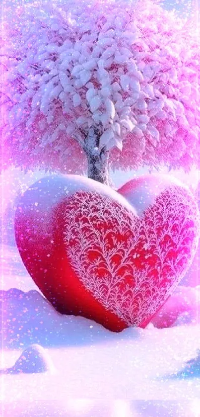 Heart-shaped tree in snow-covered winter wonderland wallpaper.