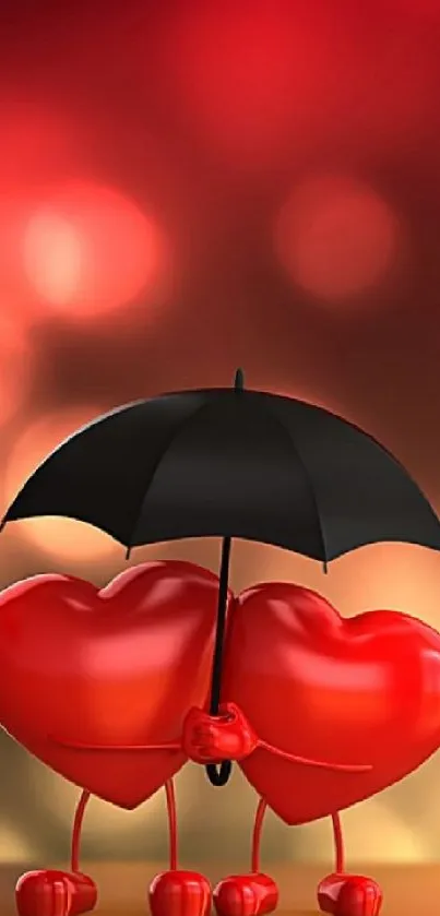 Two red hearts under an umbrella with a bokeh background.