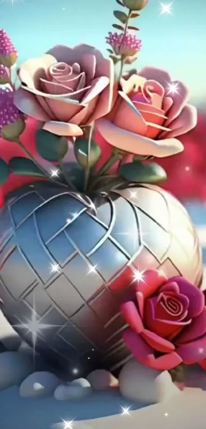 Heart-shaped vase with pink roses and vibrant background.