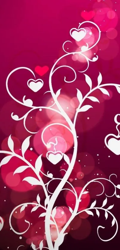 Pink wallpaper with white vines and heart shapes on a vivid background.