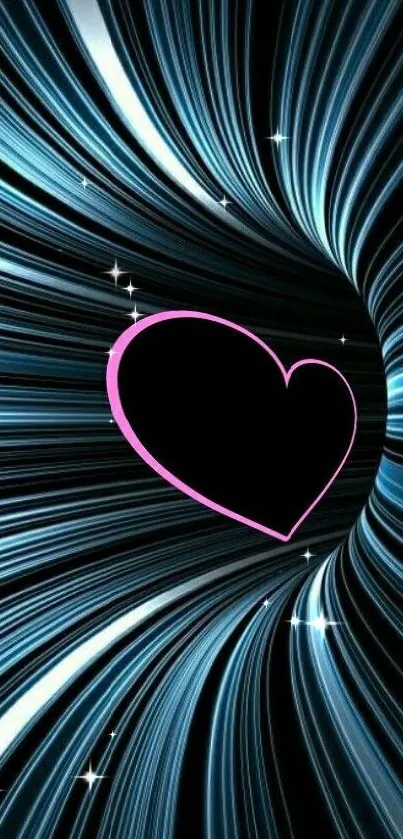 Heart vortex design with blue waves and pink-outlined heart.