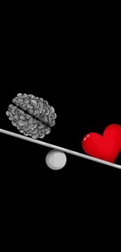 Minimalist wallpaper showing a brain and heart on a seesaw against a black background.