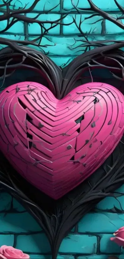 Cracked pink heart on teal brick background with roses.