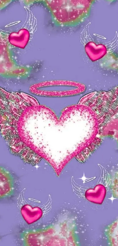 Purple background wallpaper with pink heart wings and angelic halo.