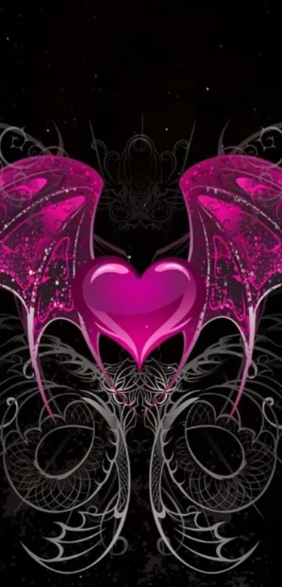 Glowing pink heart with wings on dark background wallpaper.