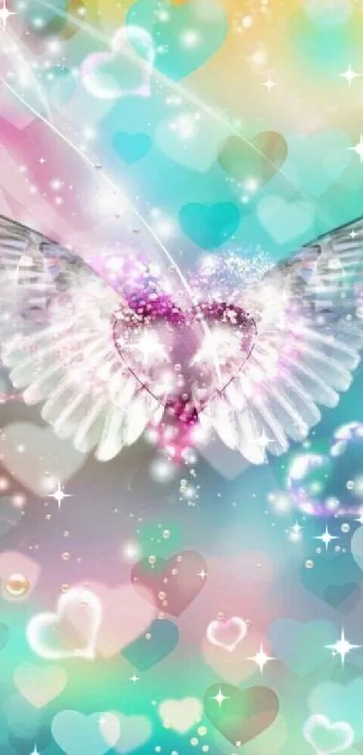 Dreamy wallpaper with heart-shaped wings and colorful background.