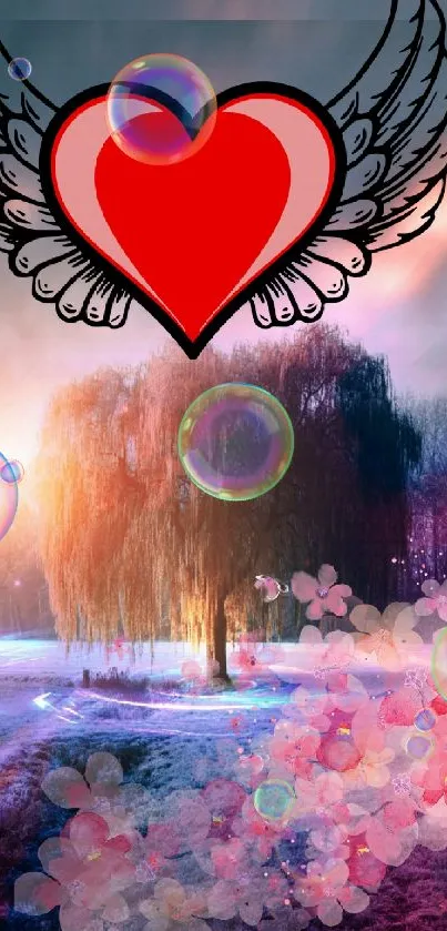 Mobile wallpaper of a heart with wings and a mystical nature scene.