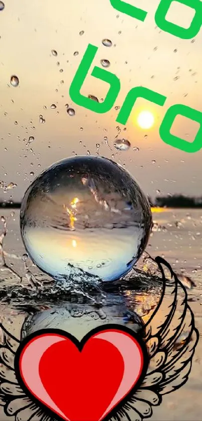 Heart with wings on reflective water at sunset.