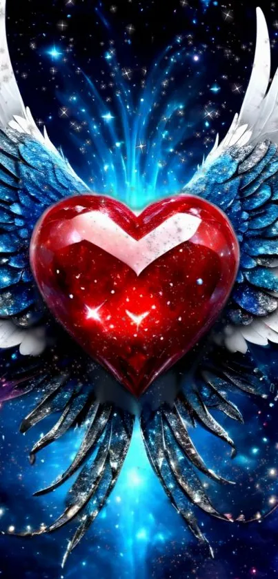 Red heart with blue angel wings on a cosmic background.