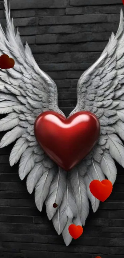 Heart with angel wings against a dark background.