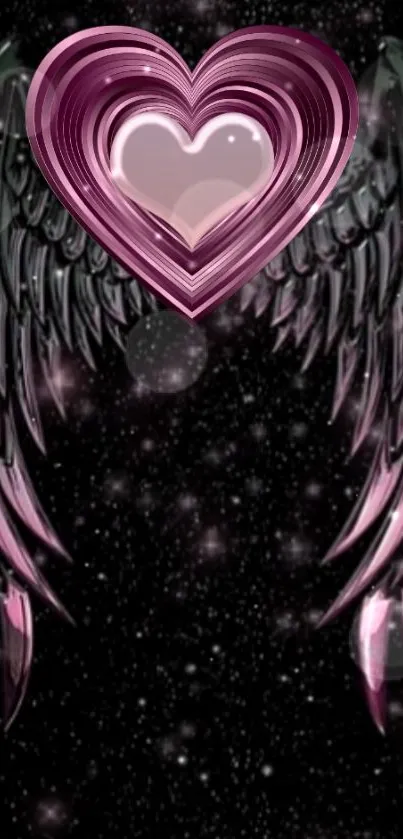 A heart with angel wings on a starry black background.