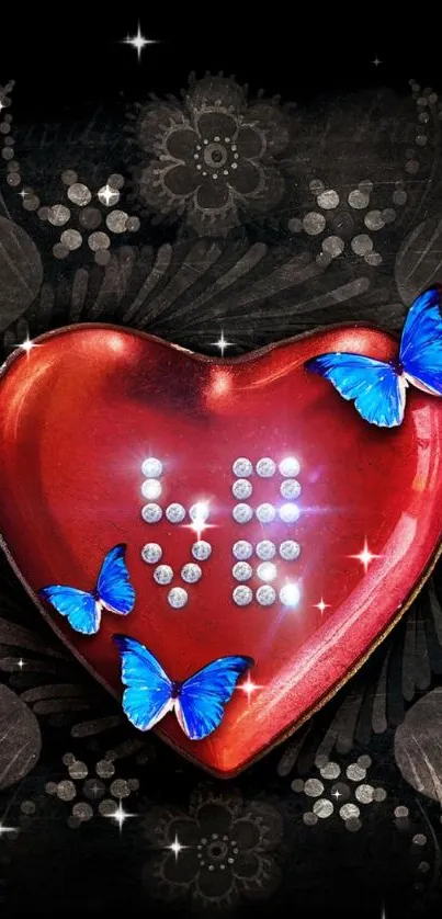 Red heart with blue butterflies and 'LOVE' spelled in rhinestones.