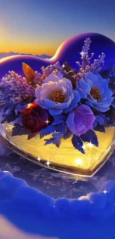 Heart-shaped floral design at sunset in blue and purple hues.