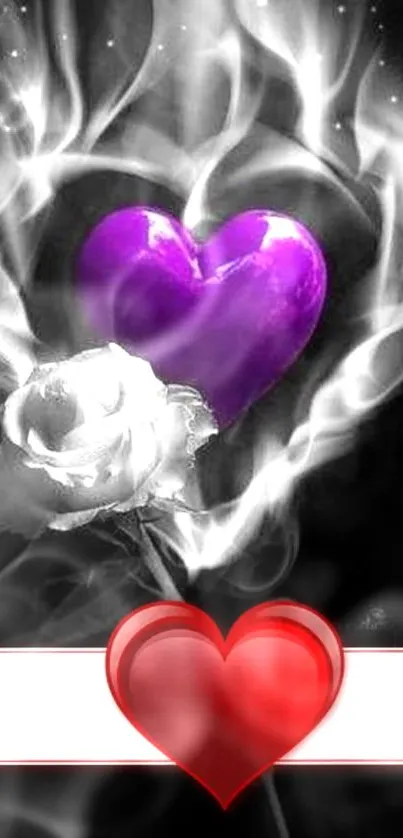 Purple heart and white rose with smokey effect on dark background.