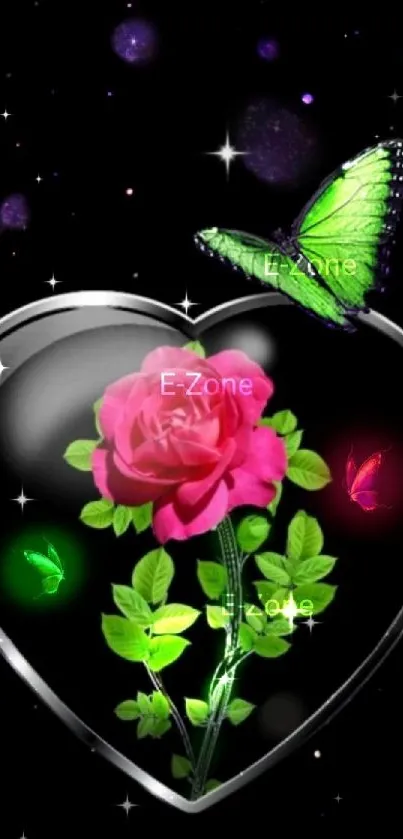 Heart-shaped design with pink rose and green butterfly on black background.