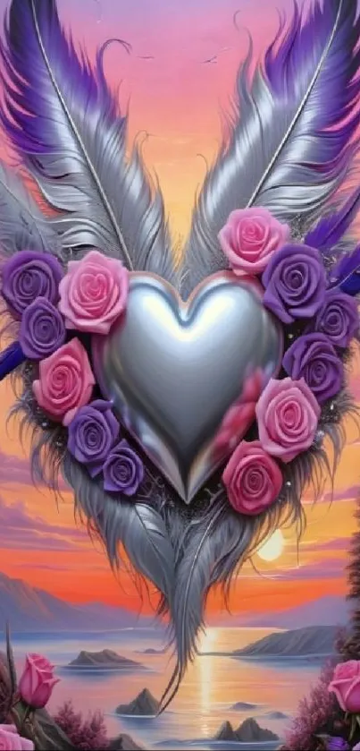 Purple feathered heart with vibrant roses and sunset background.