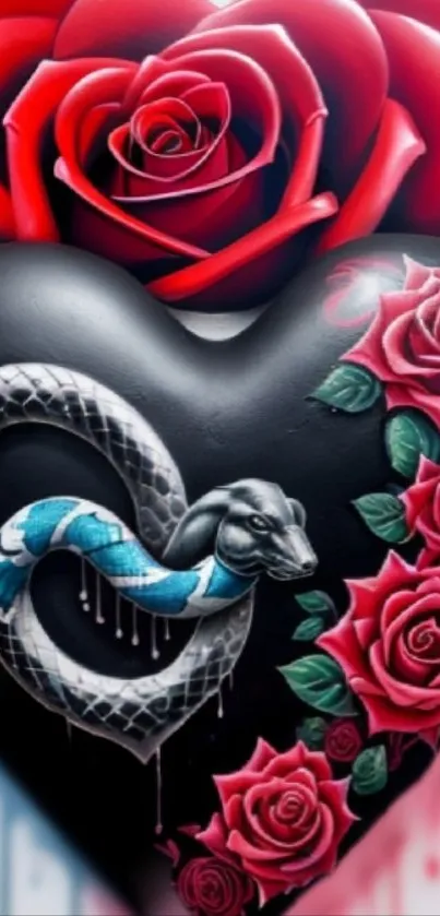 Black heart with red roses and a snake, artistic mobile wallpaper.